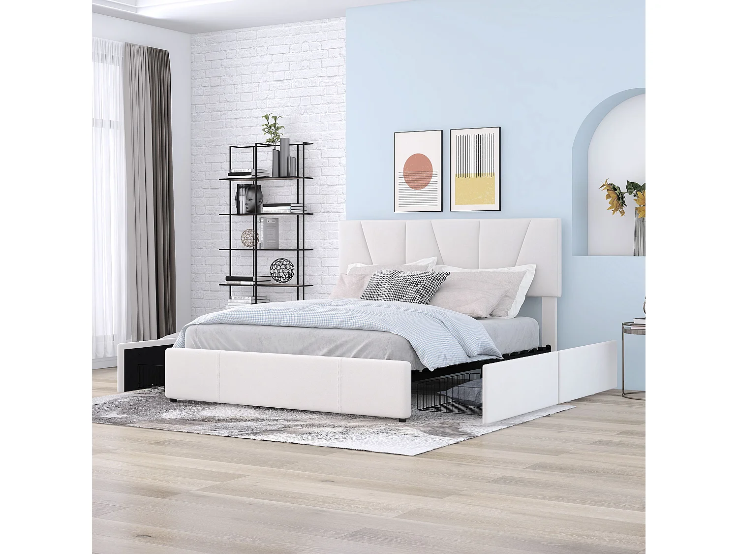 Lit cappitonné 140x200cm tissu en velours avec 4 tiroirs et tête de lit réglable - Beige