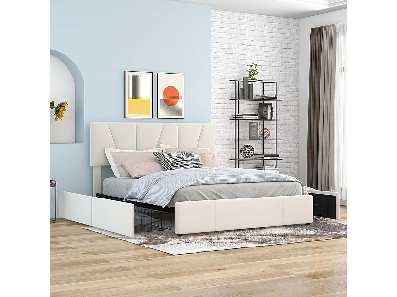 Lit cappitonné 140x200cm tissu en velours avec 4 tiroirs et tête de lit réglable - Beige