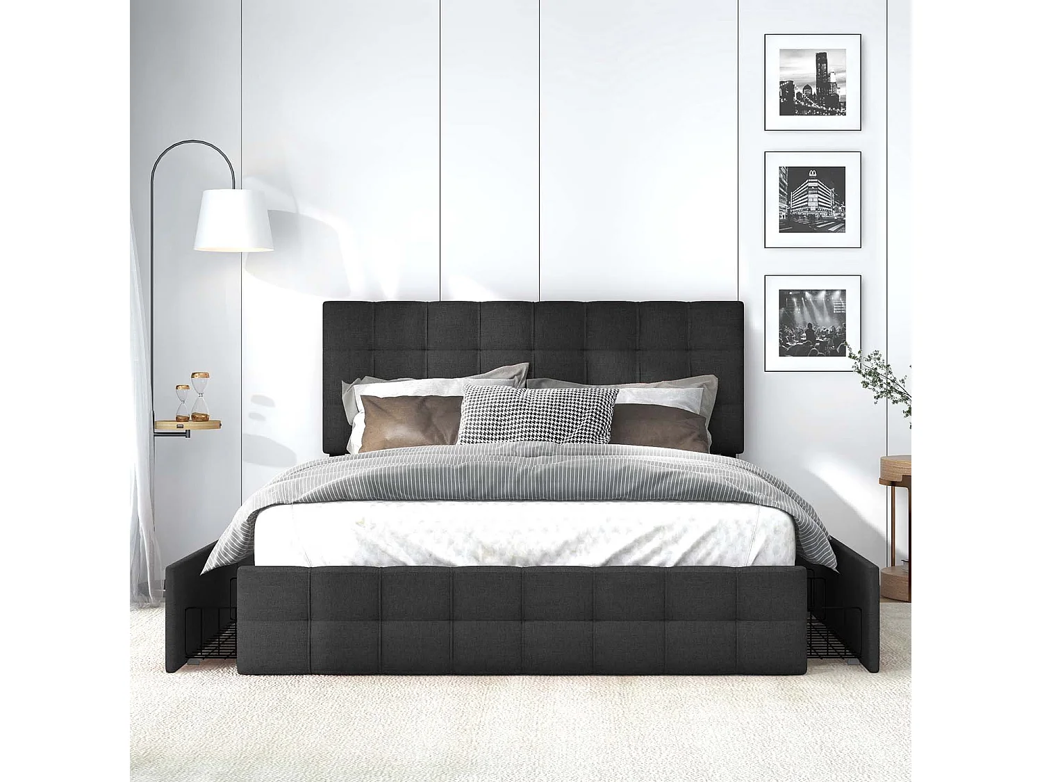 Polsterbett aus leinen mit verstellbarem Kopfteil + Metallgestell + 4 Schubladen – 140 x 200 cm – Schwarz