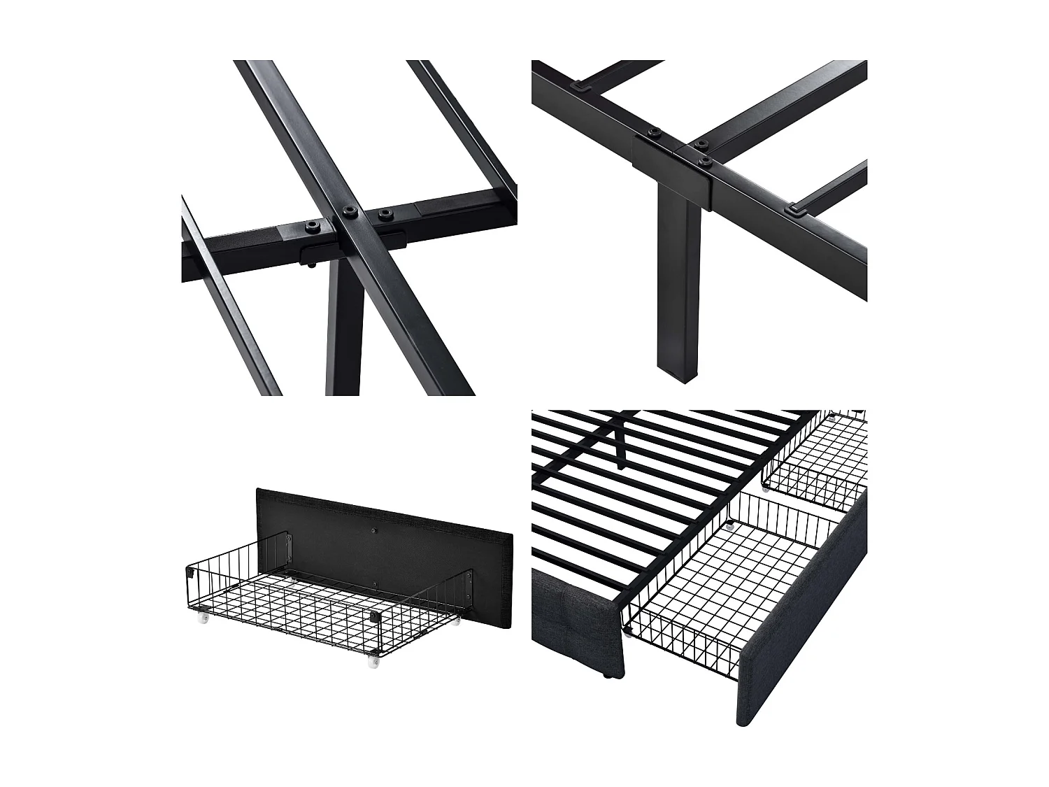 Polsterbett aus leinen mit verstellbarem Kopfteil + Metallgestell + 4 Schubladen – 140 x 200 cm – Schwarz