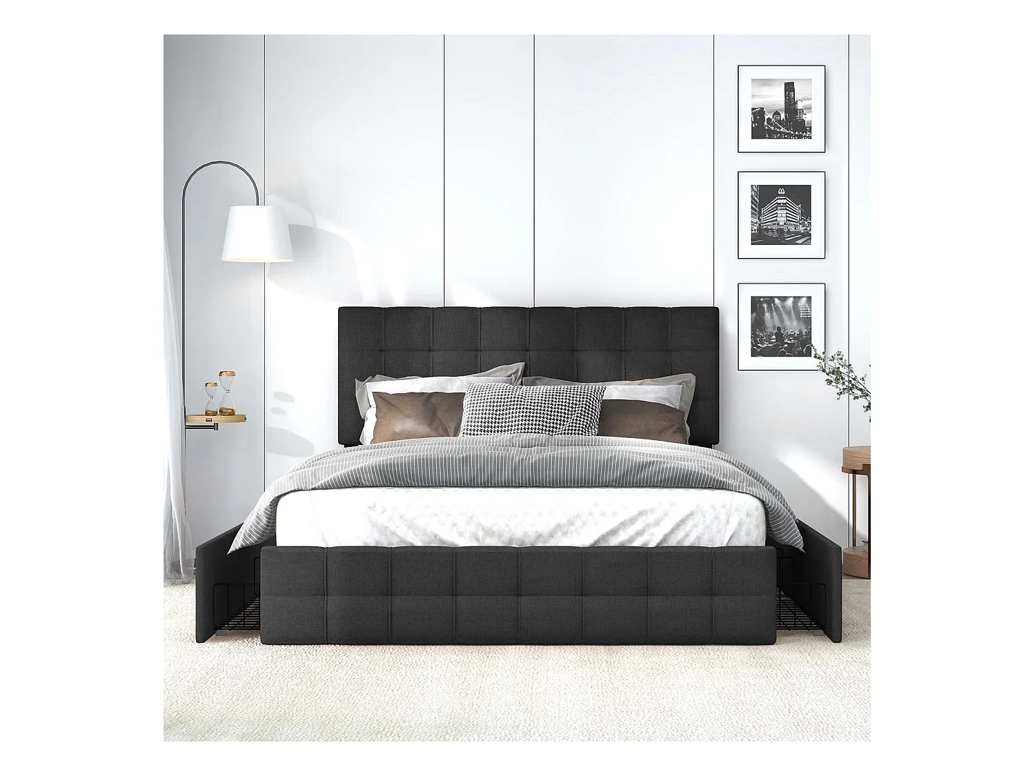 Lit capitonné en lin avec 4 tiroirs - tête de lit réglable + sommier métallique - 140x200cm - Noir