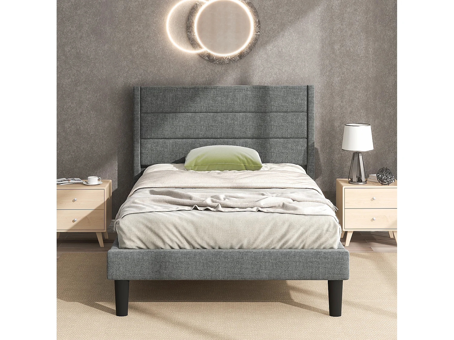 Lit capitonné en lin avec 4 tiroirs - tête de lit réglable + sommier métallique - 140x200cm - Noir