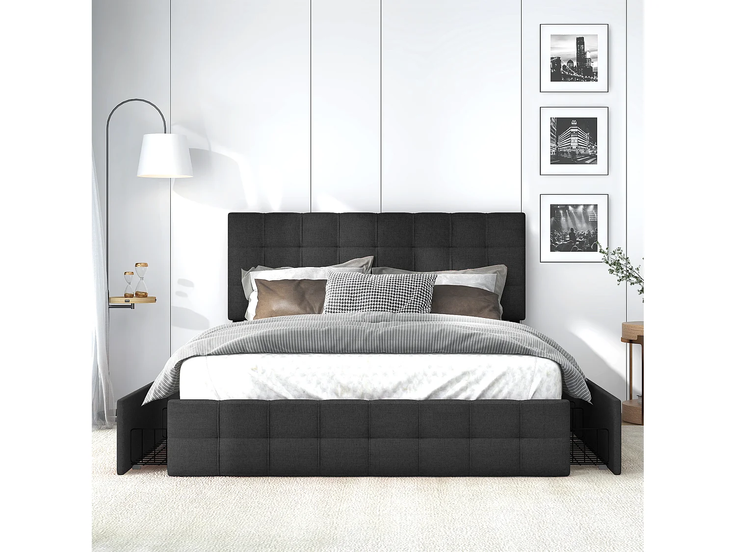 Gestoffeerd linnen bed met 4 lades - verstelbaar hoofdeinde + metalen onderstel - 140x200cm - zwart