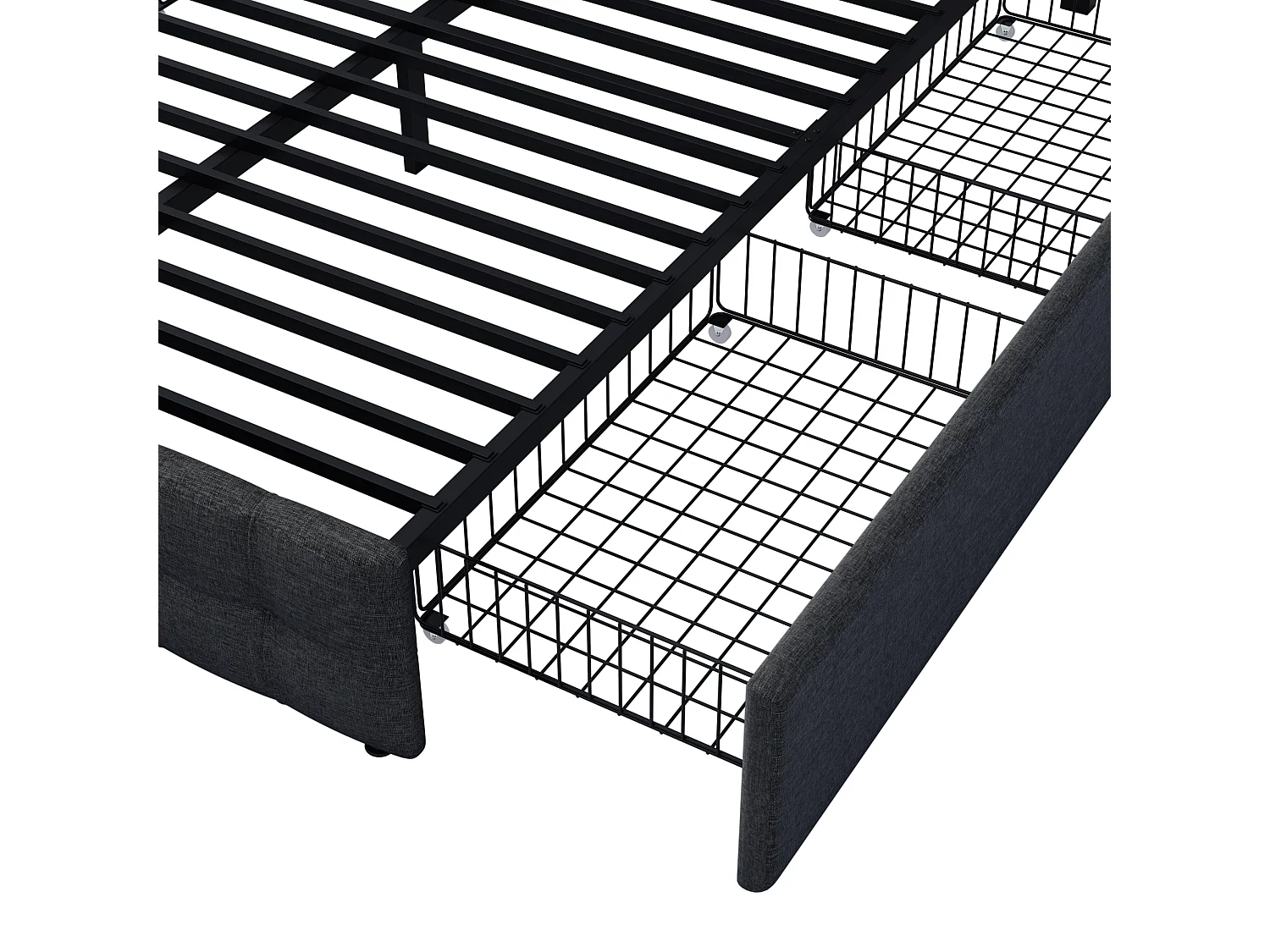 Gestoffeerd linnen bed met 4 lades - verstelbaar hoofdeinde + metalen onderstel - 140x200cm - zwart