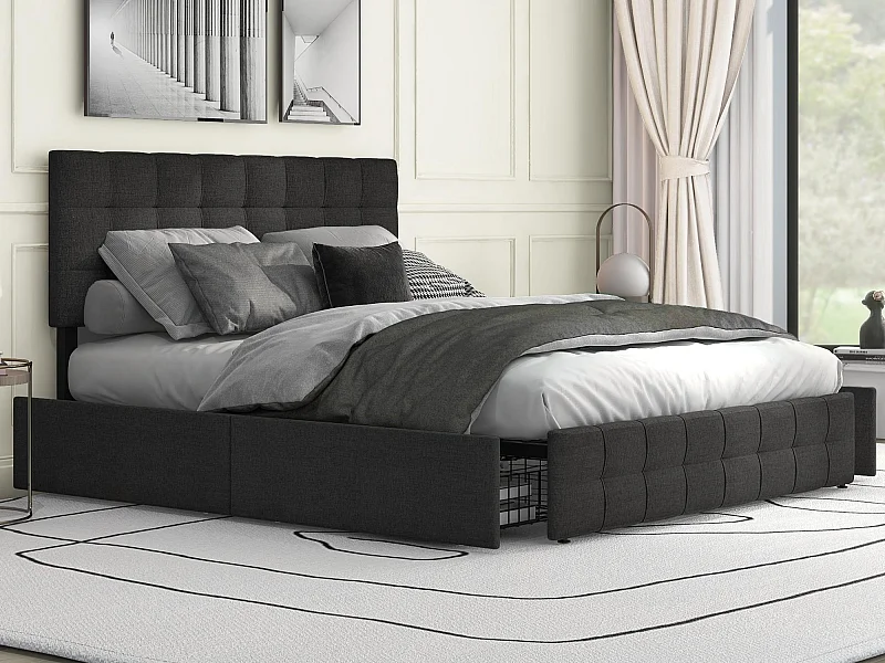 Cama tapizada de lino con 4 cajones - cabecero ajustable + base de metal - 140x200cm - negro