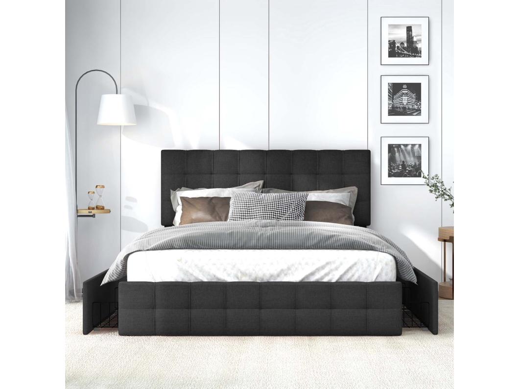 Cama tapizada de lino con 4 cajones - cabecero ajustable + base de metal - 140x200cm - negro