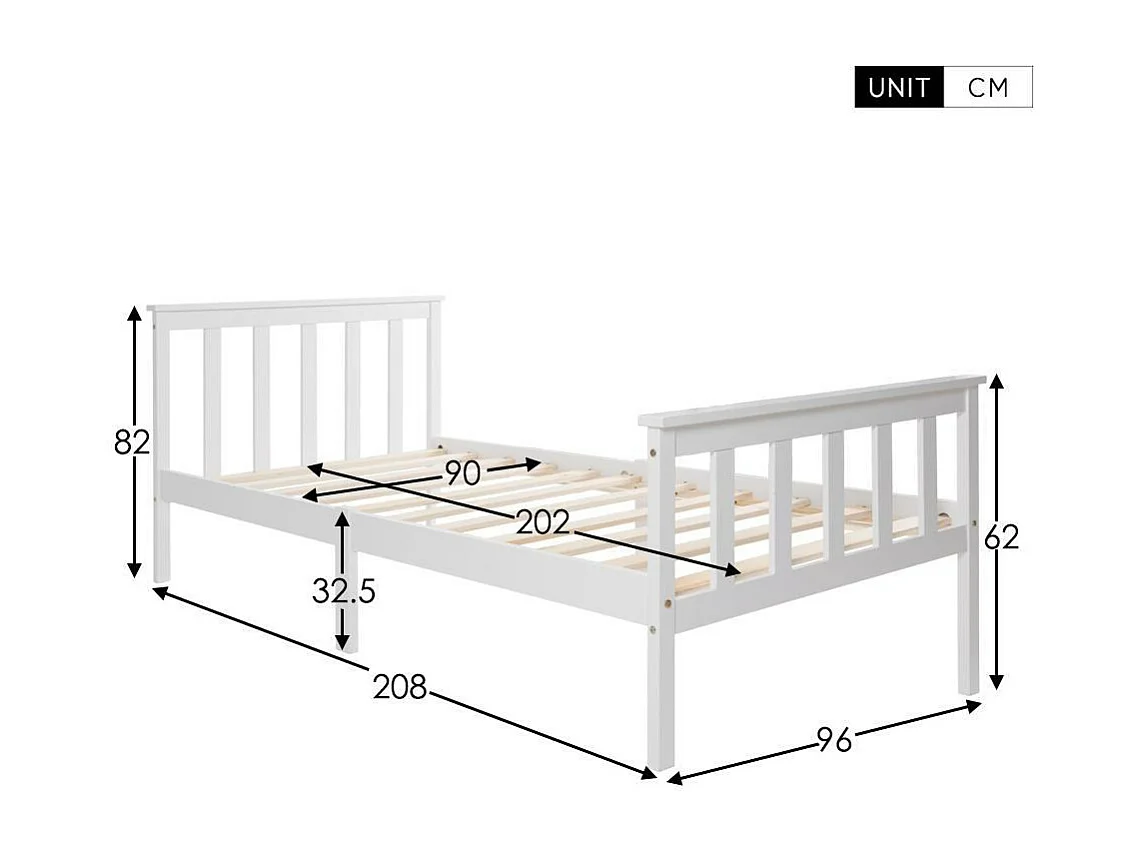 Erwachsenenbett 90x200cm aus Massivholz mit Lattenrost – Weiß