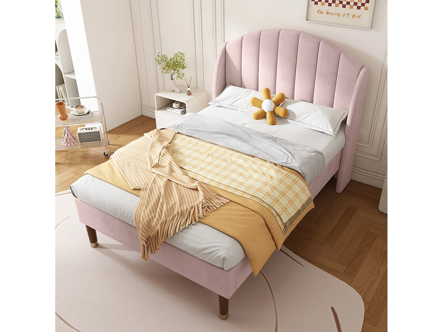 Polsterbett, Einzelbett Massivholzbett Kiefer 90x200cm Samt – Rosa