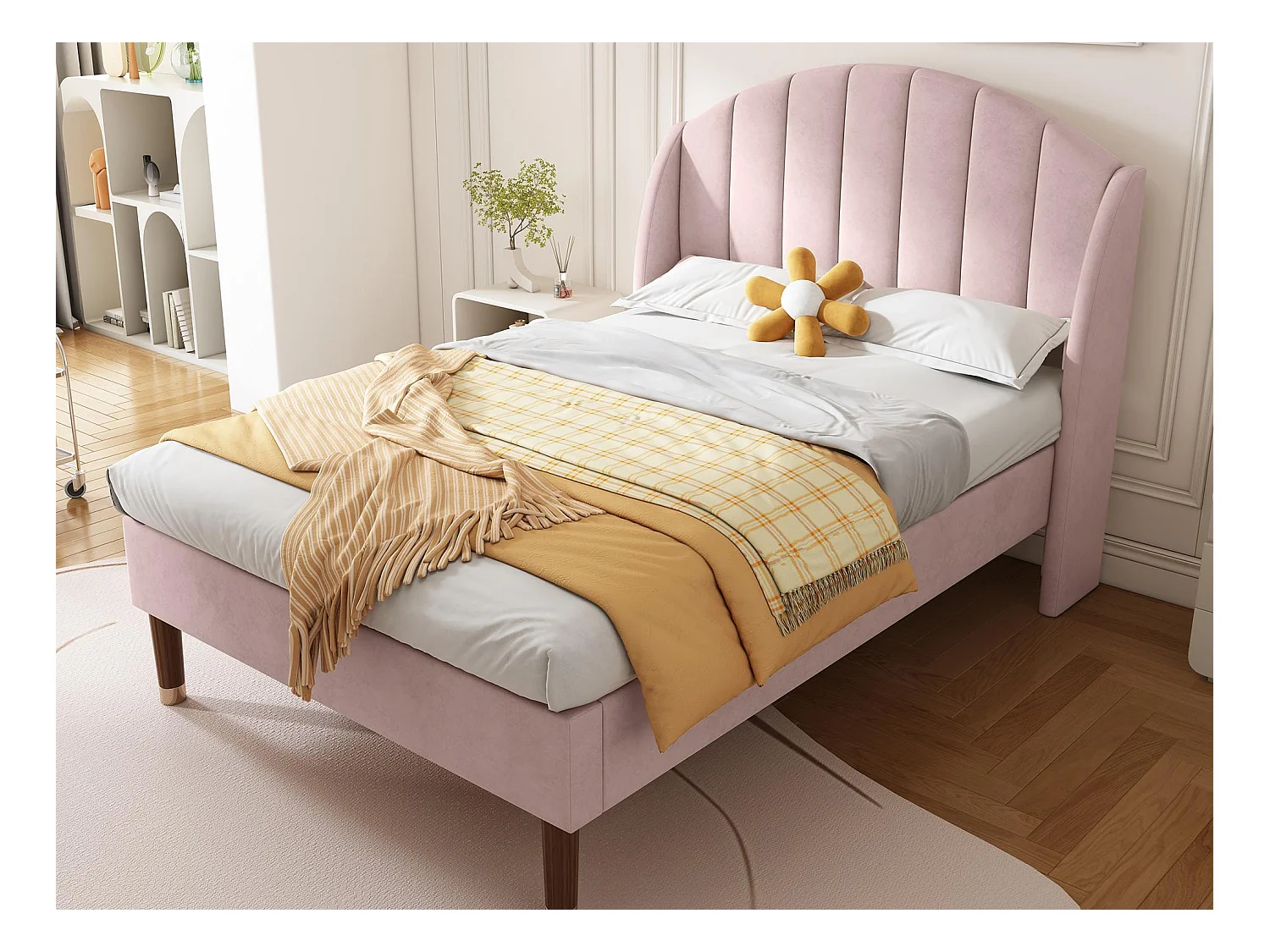 Lit rembourré 90x200cm en velours avec sommier à lattes - Rose
