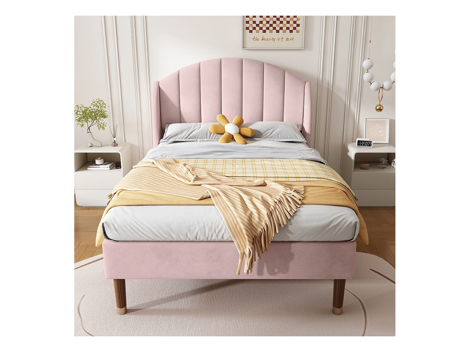 Lit rembourré 90x200cm en velours avec sommier à lattes - Rose