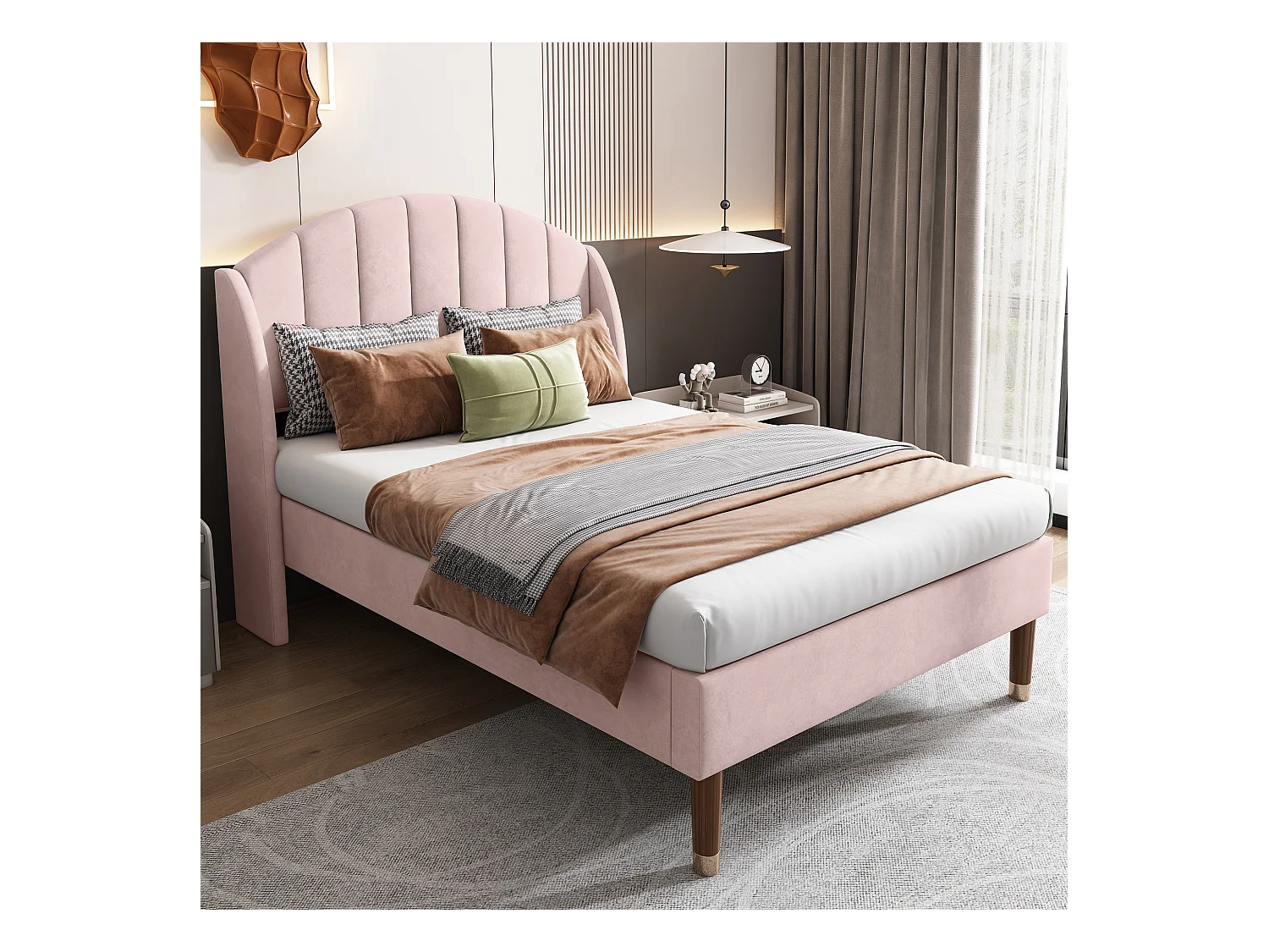 Lit rembourré 90x200cm en velours avec sommier à lattes - Rose