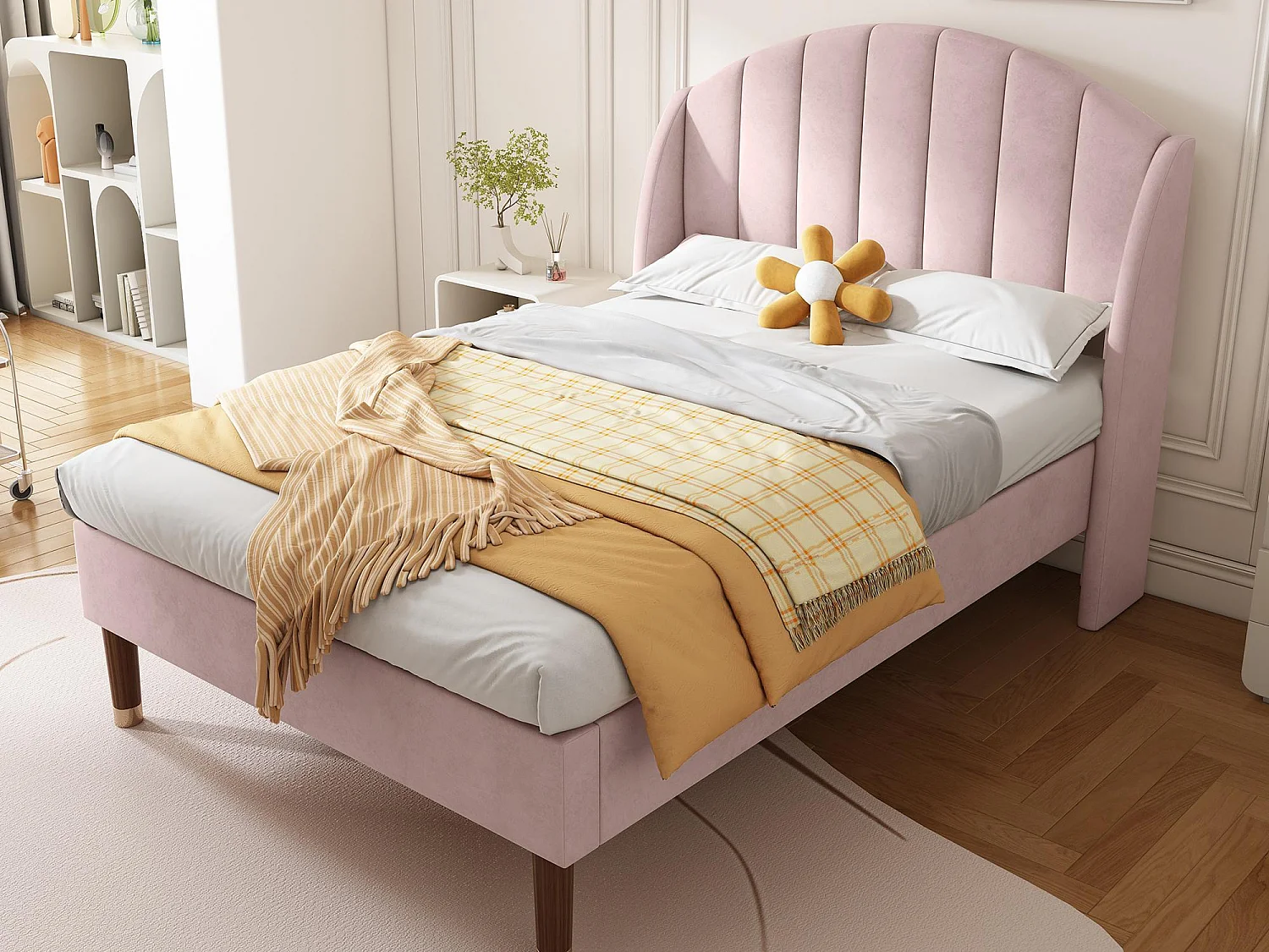 Letto imbottito 90x200cm in velluto con rete a doghe - Rosa