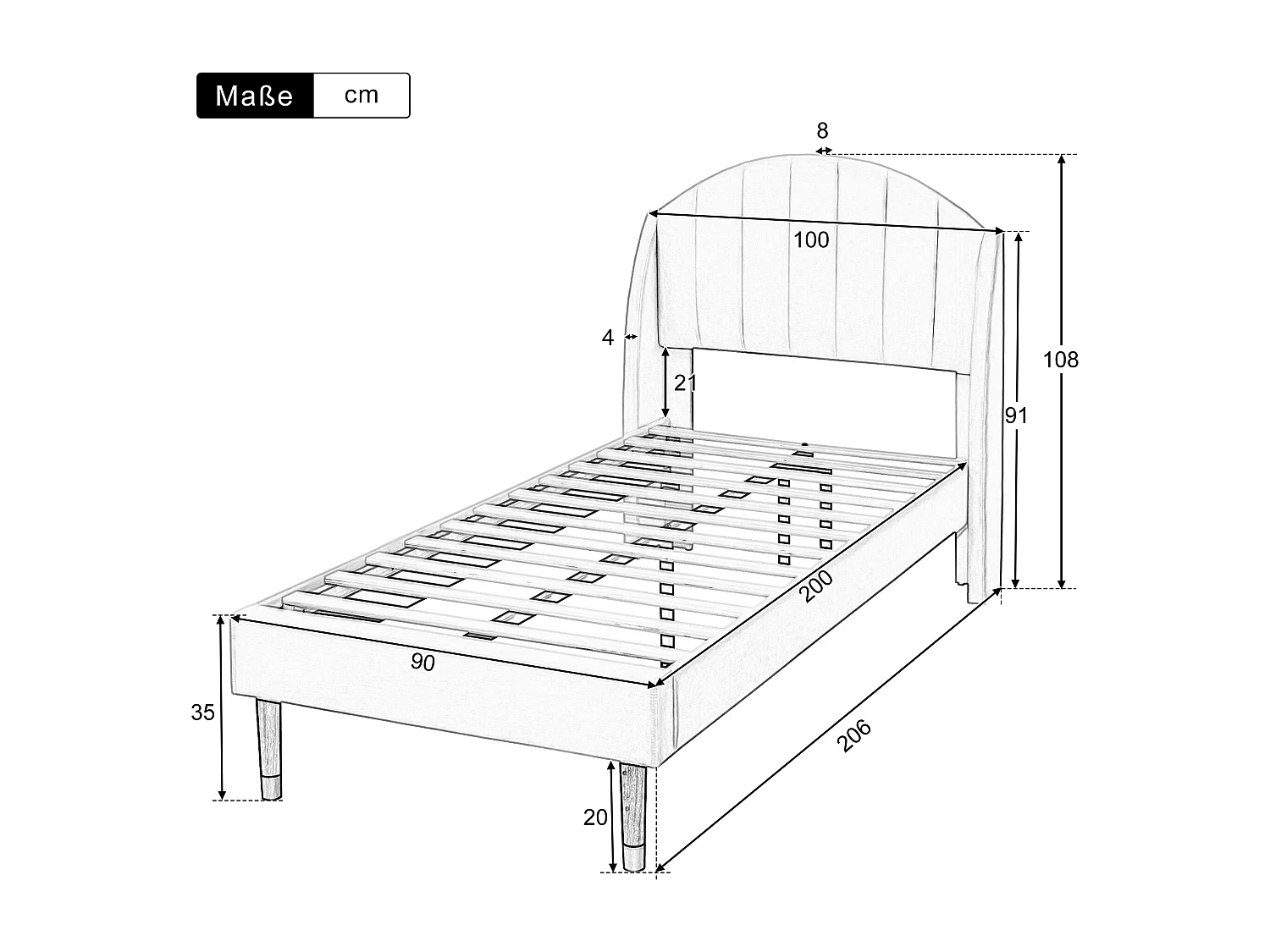 Letto imbottito 90x200cm in velluto con rete a doghe - Rosa