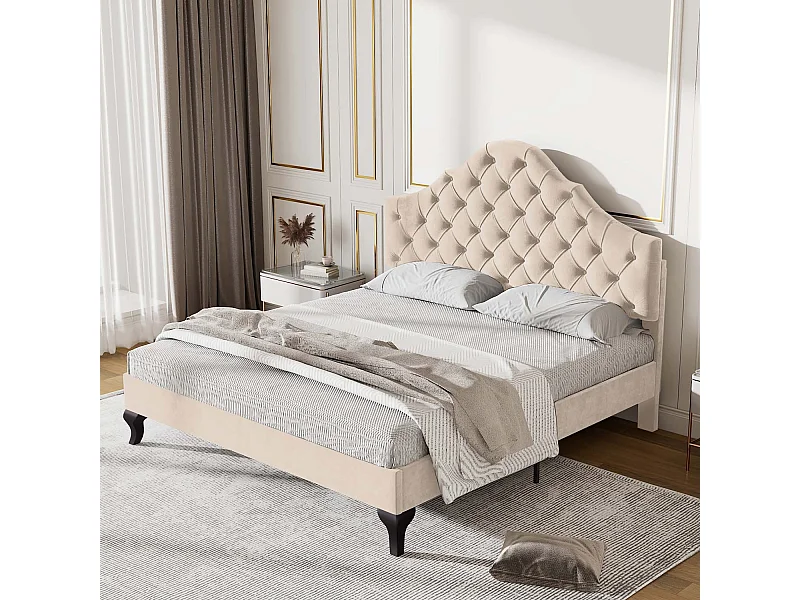 Letto imbottito 140x190 cm in velluto con testiera regolabile + rete a doghe - Beige