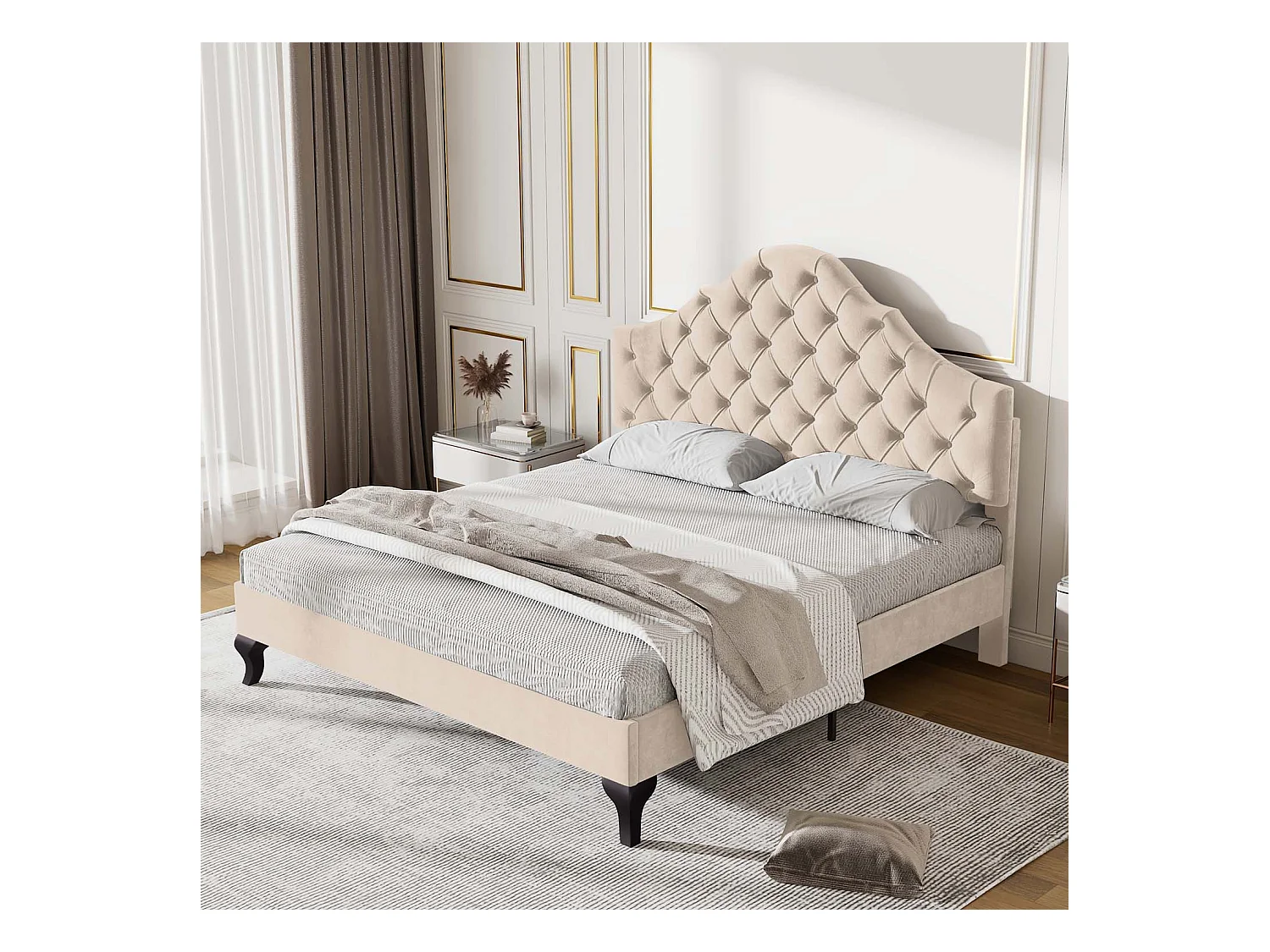 Lit rembourré 140x190cm en velours avec tête de lit réglable + sommier à lattes - Beige