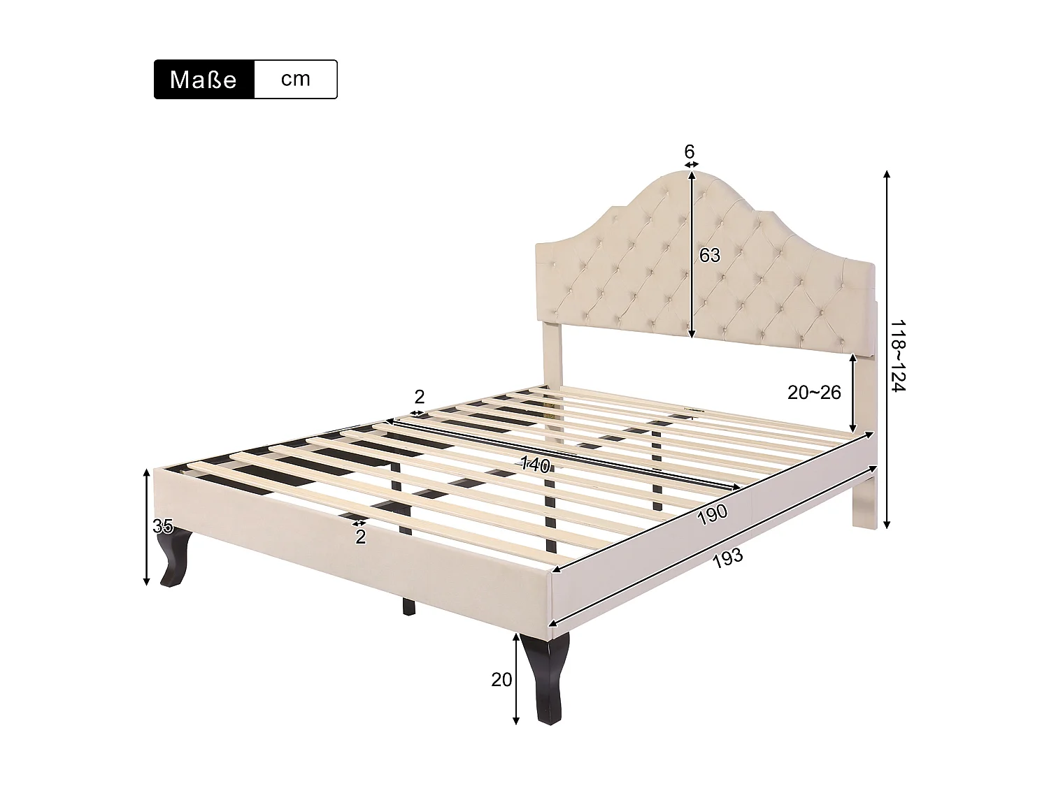 Lit rembourré 140x190cm en velours avec tête de lit réglable + sommier à lattes - Beige