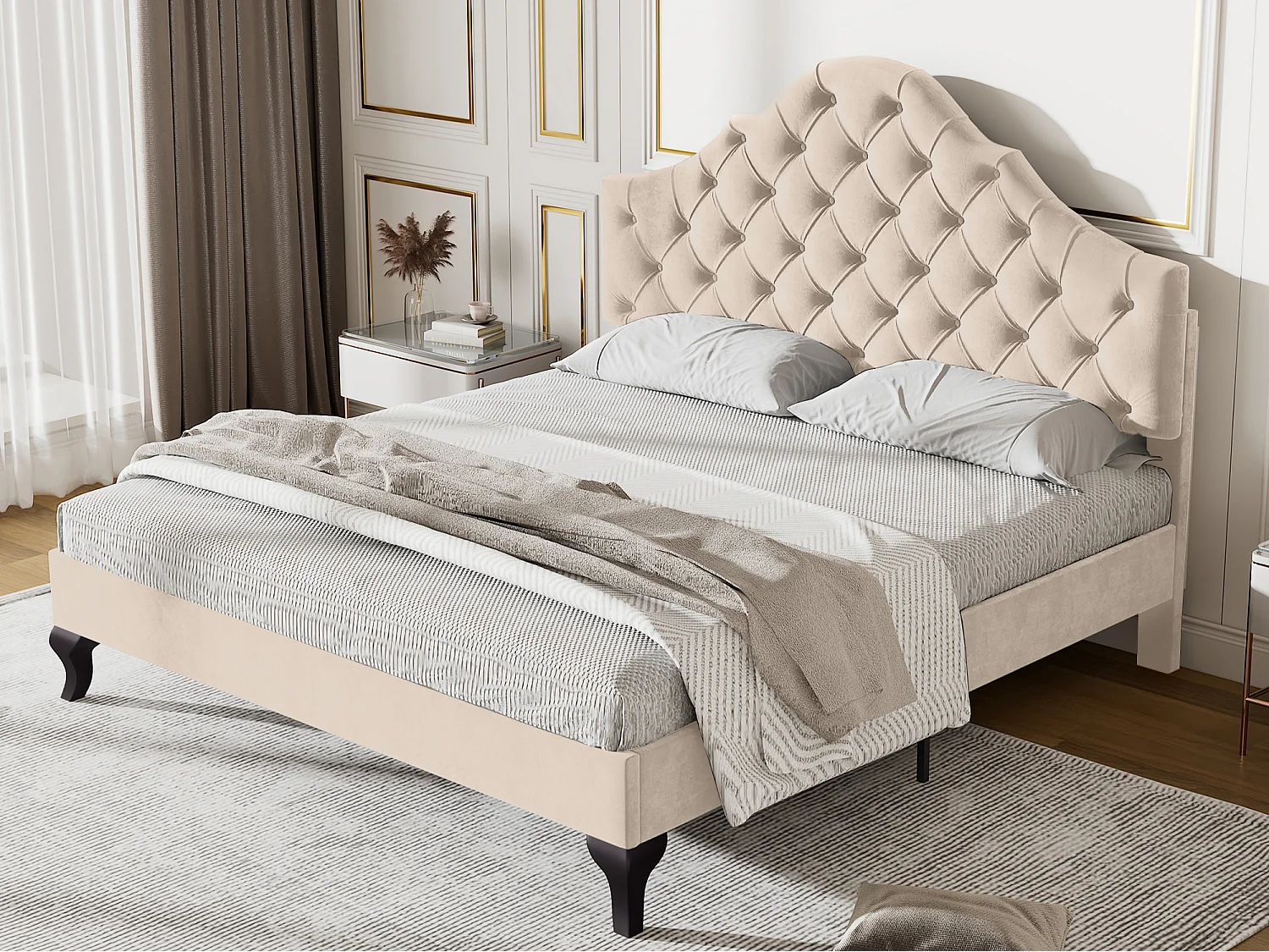 Lit rembourré 140x190cm en velours avec tête de lit réglable + sommier à lattes - Beige