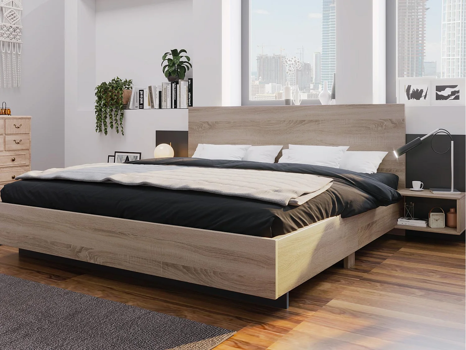 Doppelbett 160x200cm aus Massivholz – mit 2 Nachttischen + Lattenrost – Natur