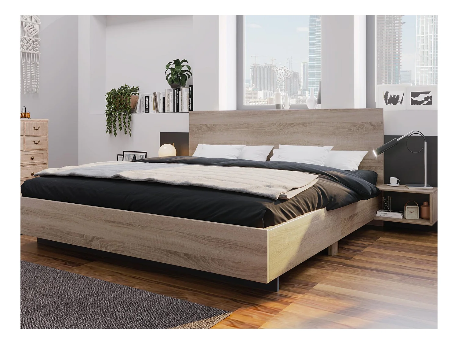 Lit double 160x200cm en bois massif - avec 2 tables de chevet + sommier à lattes - Naturel