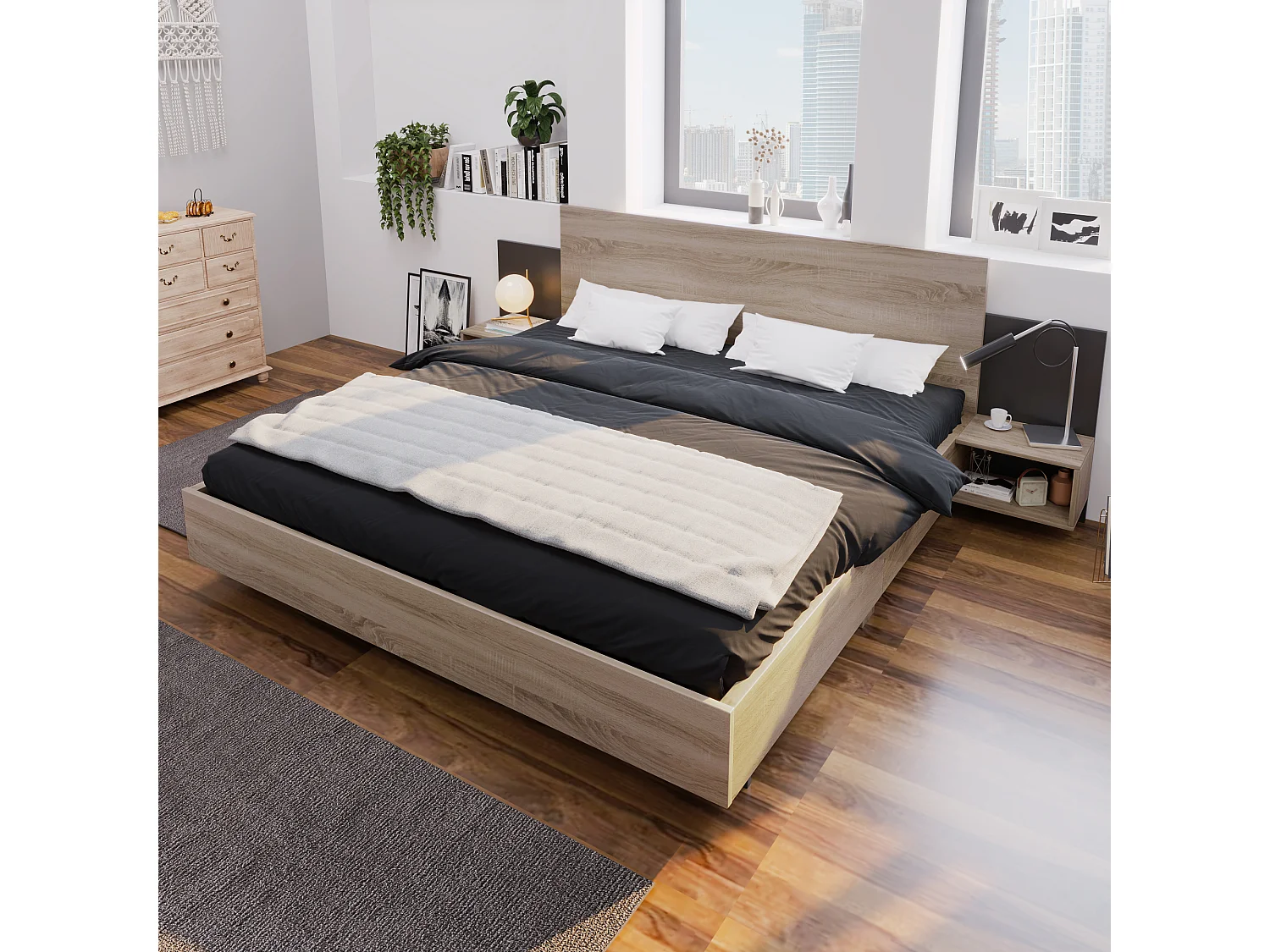 Tweepersoonsbed 160x200cm in massief hout - met 2 nachtkastjes + lattenbodem - Naturel