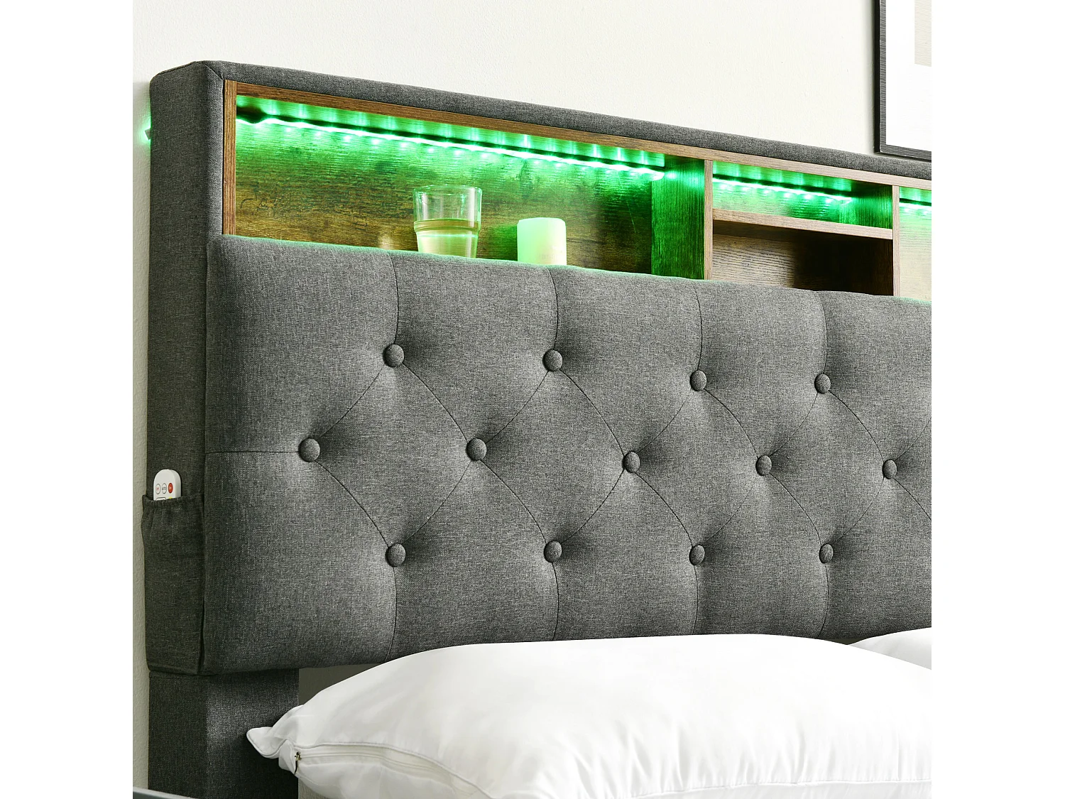 Lit double rembourré 140x200cm en lin avec LED et espace de rangement - sommier à lattes - Gris