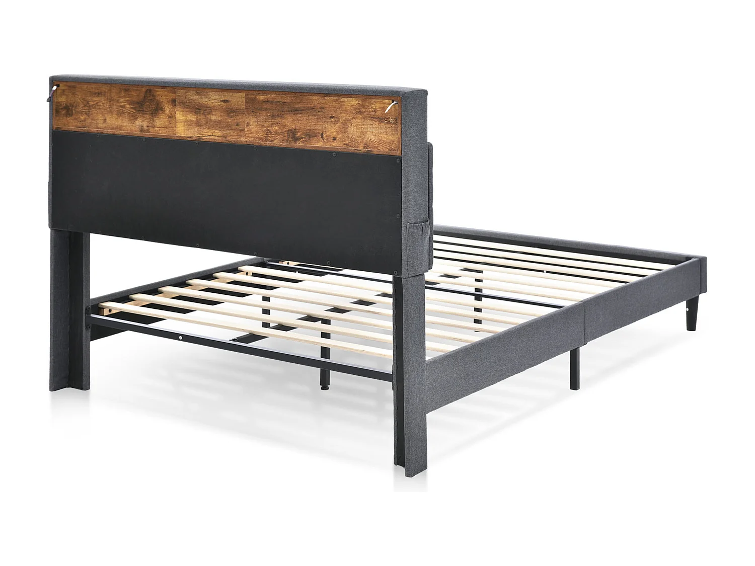 Lit double rembourré 140x200cm en lin avec LED et espace de rangement - sommier à lattes - Gris