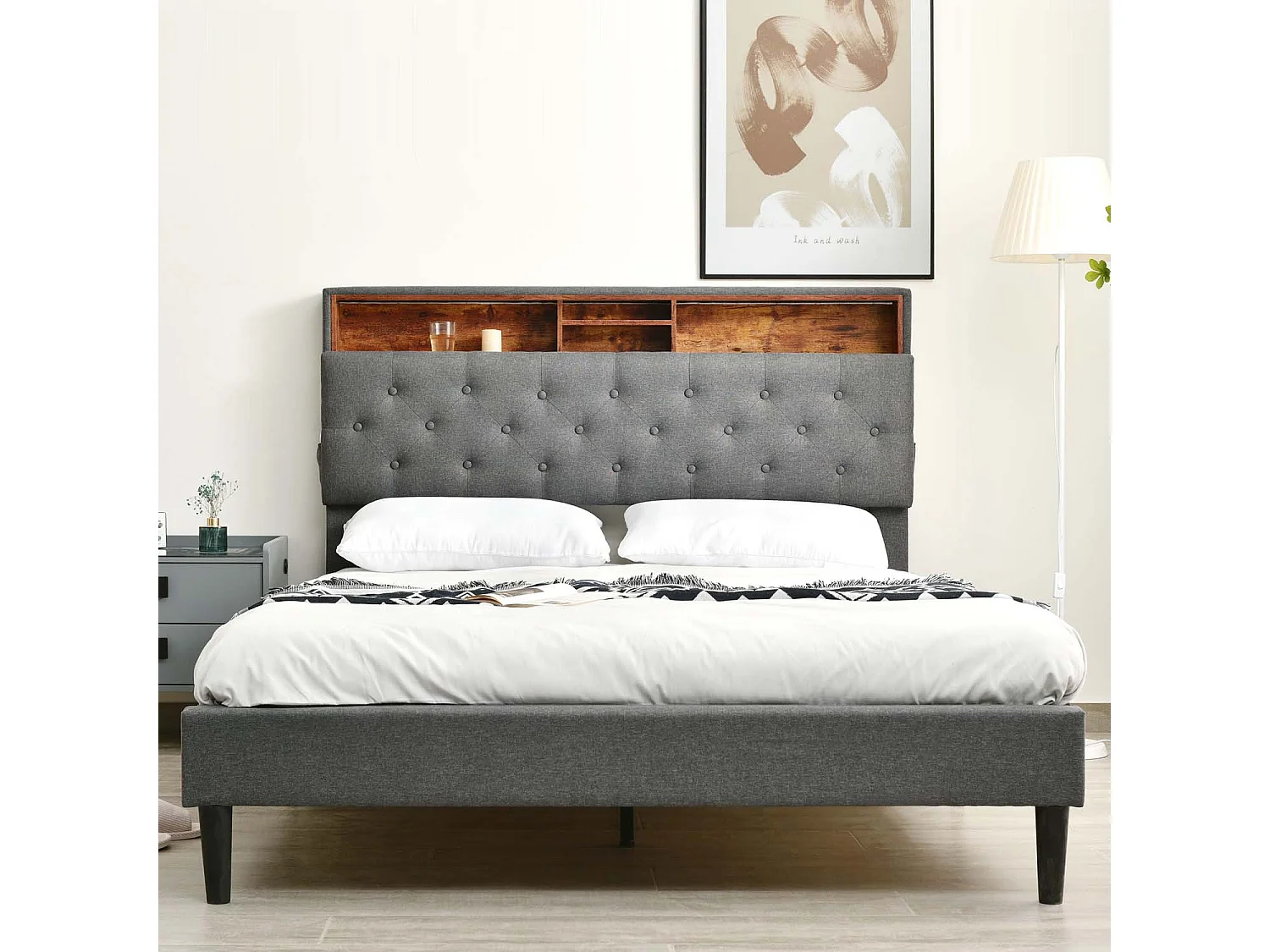 Gepolstertes Doppelbett 140 x 200 cm aus Leinen mit LED und Stauraum – Lattenrost – Grau