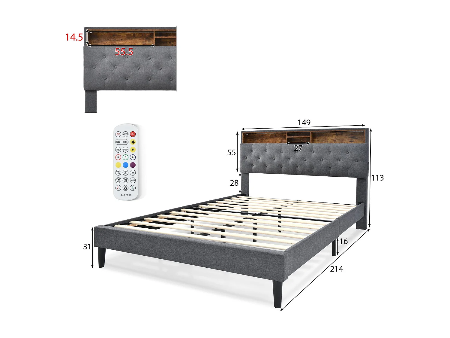 Gepolstertes Doppelbett 140 x 200 cm aus Leinen mit LED und Stauraum – Lattenrost – Grau