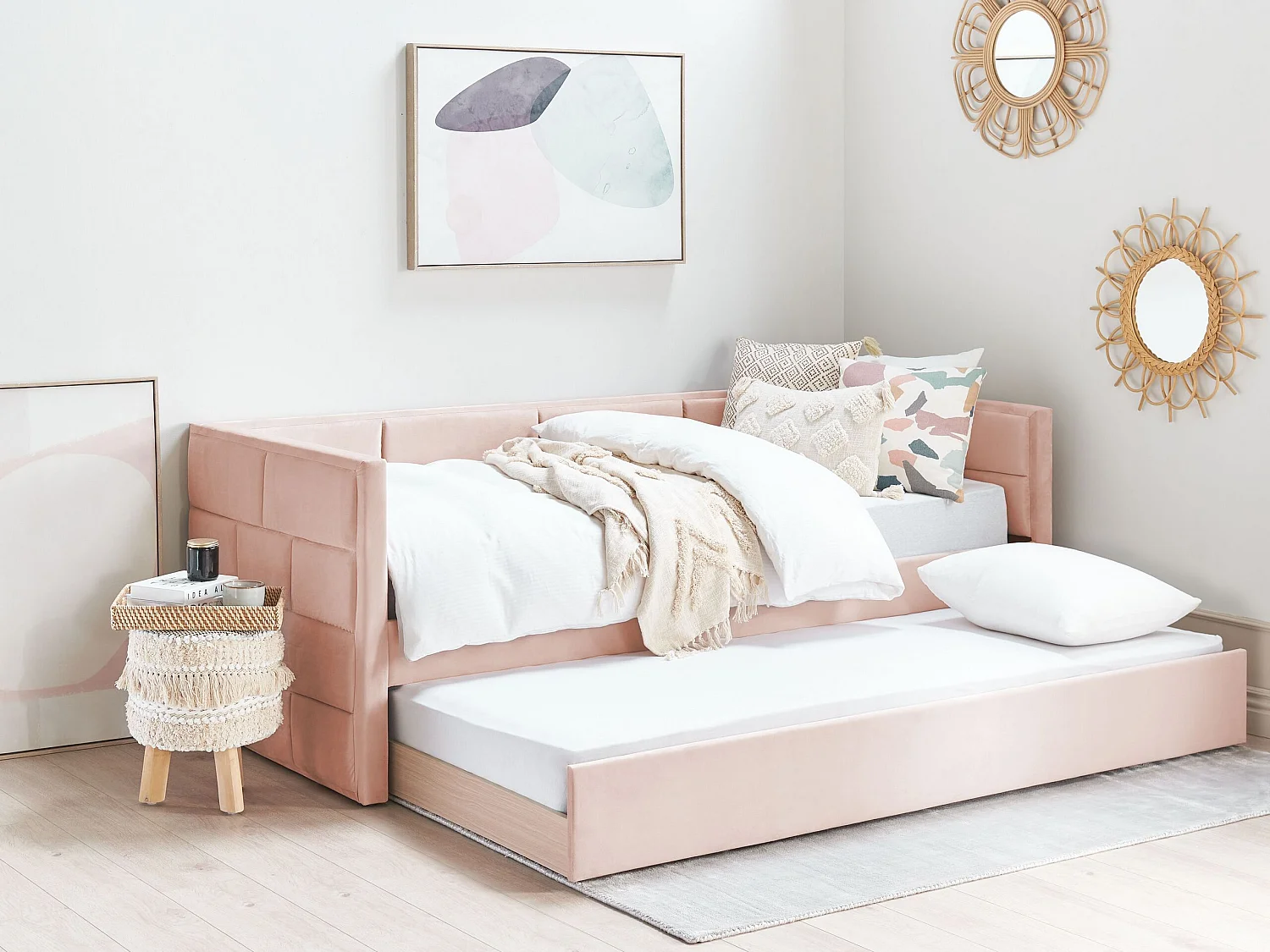 Lit gigogne Velours CHAVONNE 90 x 200 cm Rose pastel