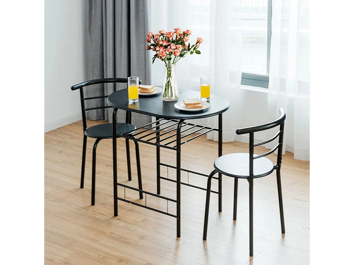 Ensemble de Table et 2 Chaises de Cuisine Plateau en Grain de Bois Casier à Vin Cadre en Métal Peu Encombrant pour Cuisine Noir