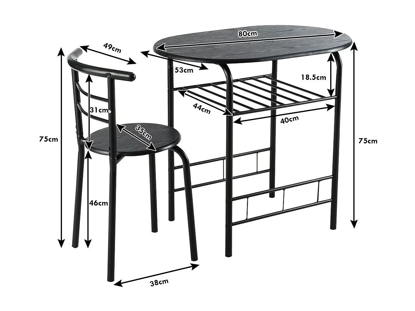 Ensemble de Table et 2 Chaises de Cuisine Plateau en Grain de Bois Casier à Vin Cadre en Métal Peu Encombrant pour Cuisine Noir