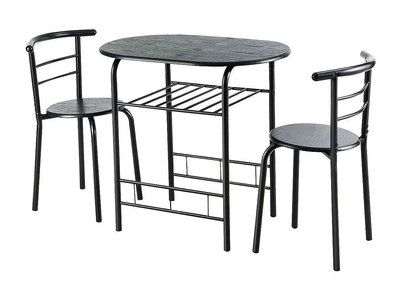 Ensemble de Table et 2 Chaises de Cuisine Plateau en Grain de Bois Casier à Vin Cadre en Métal Peu Encombrant pour Cuisine Noir