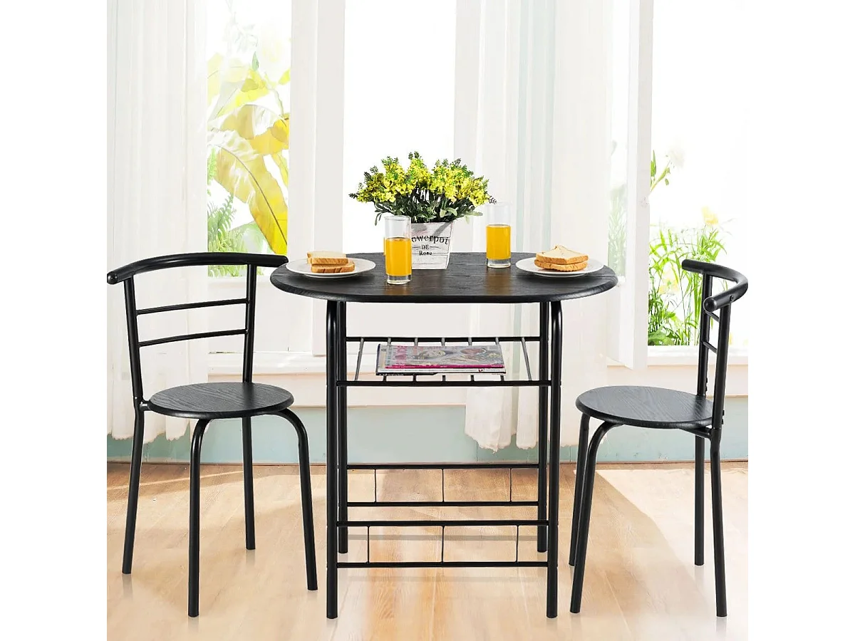Ensemble de Table et 2 Chaises de Cuisine Plateau en Grain de Bois Casier à Vin Cadre en Métal Peu Encombrant pour Cuisine Noir