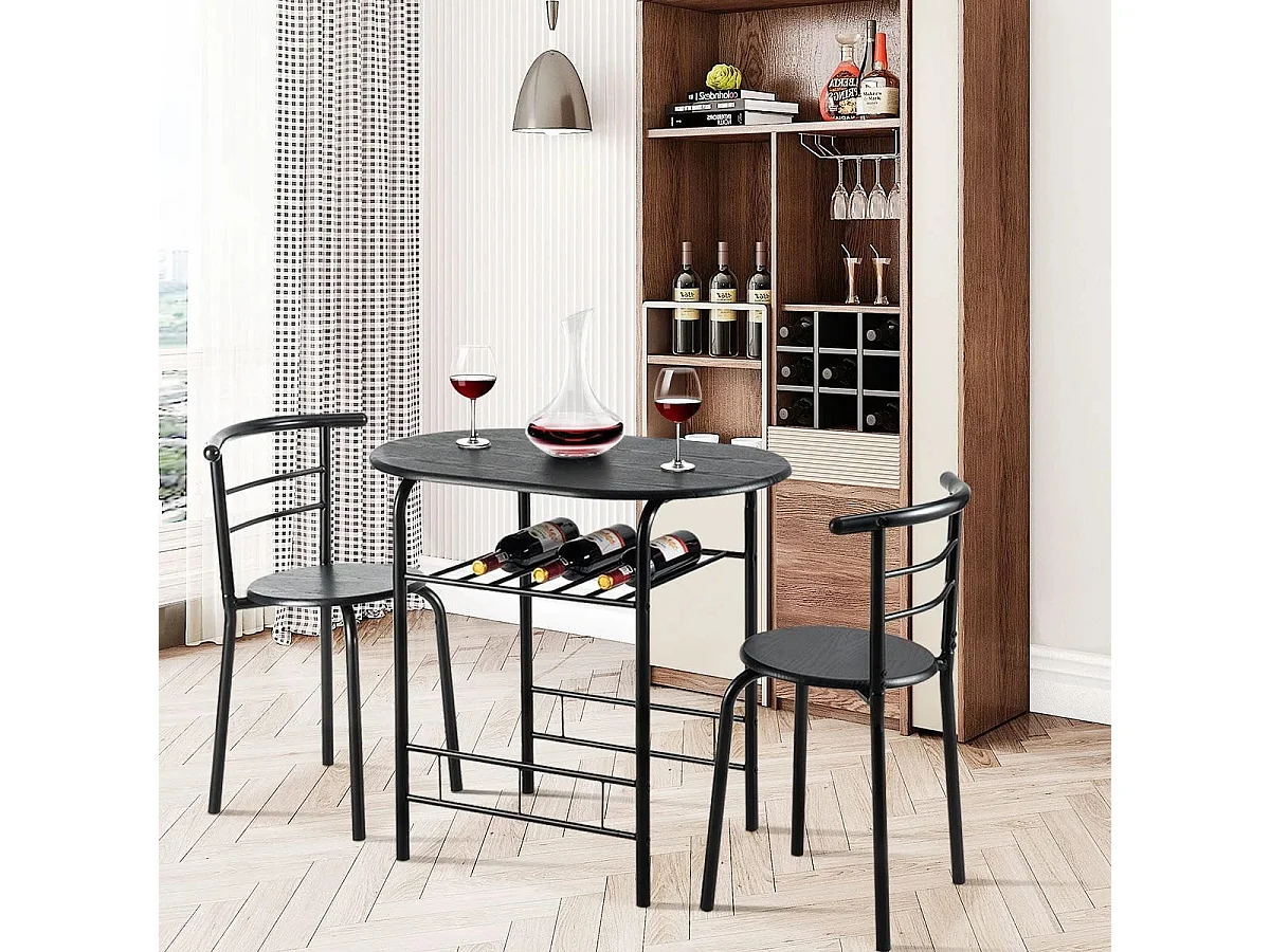 Ensemble de Table et 2 Chaises de Cuisine Plateau en Grain de Bois Casier à Vin Cadre en Métal Peu Encombrant pour Cuisine Noir