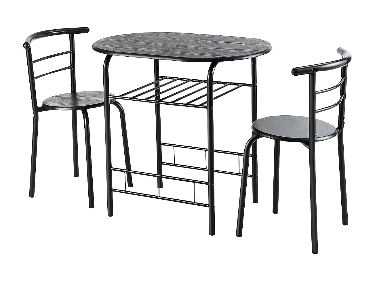 Ensemble de Table et 2 Chaises de Cuisine Plateau en Grain de Bois Casier à Vin Cadre en Métal Peu Encombrant pour Cuisine Noir