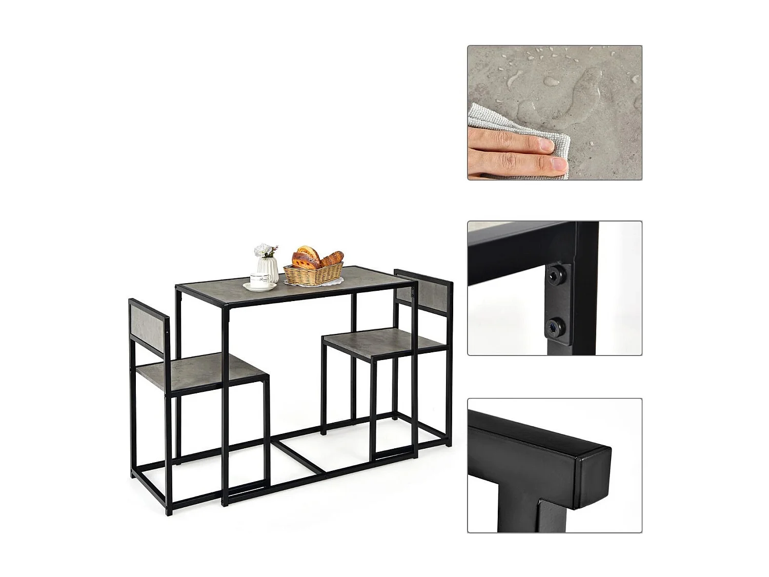 3 tlg. Küchentischset mit Kompakttisch & 2 Stühlen Holzwerkstoffe + Metall Grau