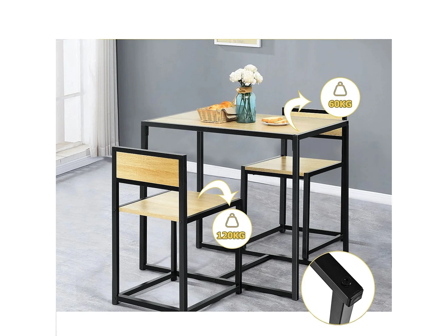 3 tlg. Tischgruppe Essgruppe Bartisch-Set Küchentisch Esstisch Tisch + 2 Stühle Natur