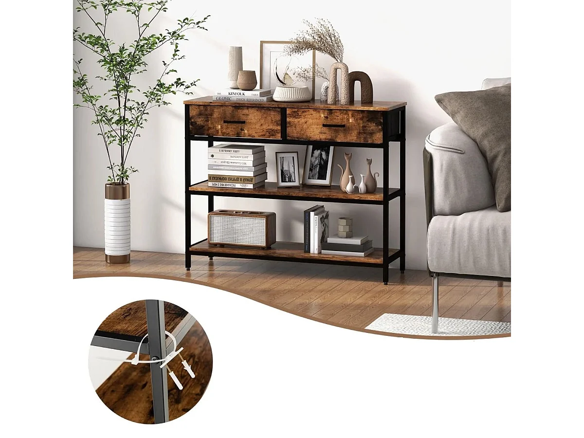 Tavolo consolle da 100cm con 2 cassetti e ripiani in tessuto pieghevoli, Tavolo dietro il divano Marrone