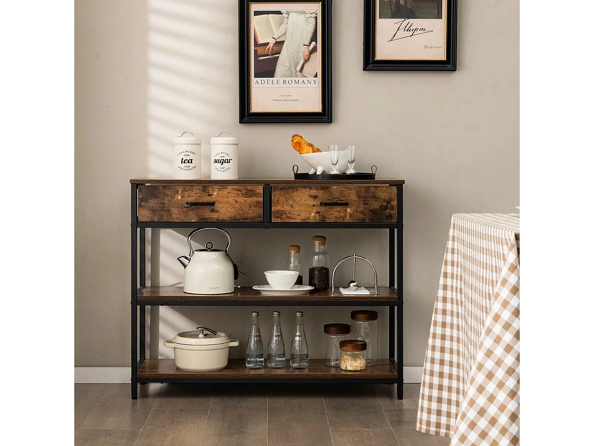 Tavolo consolle da 100cm con 2 cassetti e ripiani in tessuto pieghevoli, Tavolo dietro il divano Marrone