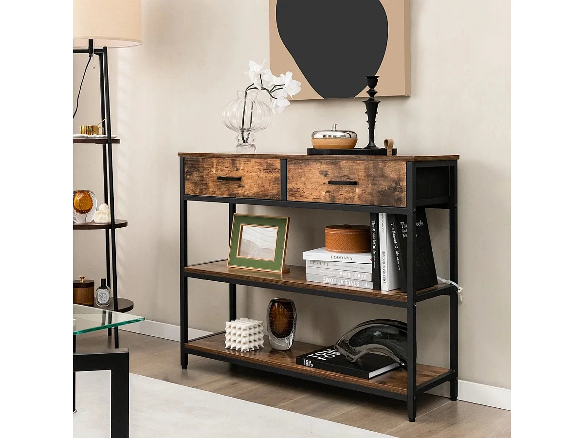 Tavolo consolle da 100cm con 2 cassetti e ripiani in tessuto pieghevoli, Tavolo dietro il divano Marrone