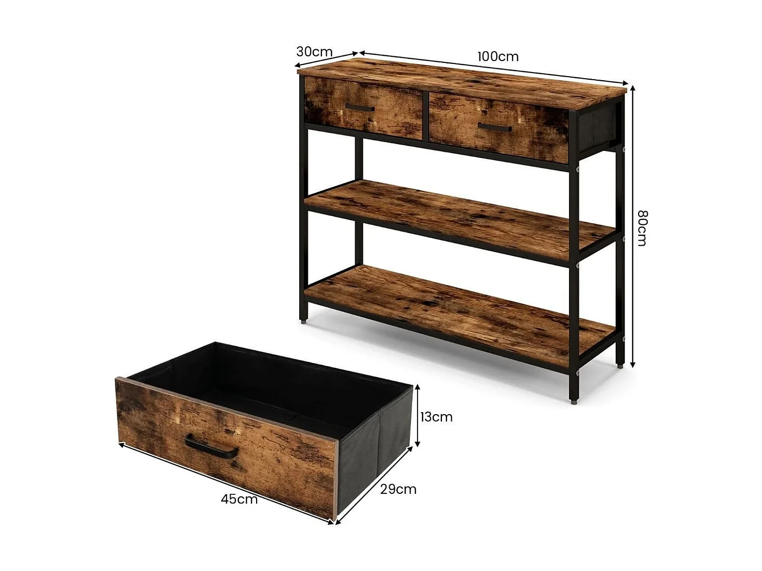 Tavolo consolle da 100cm con 2 cassetti e ripiani in tessuto pieghevoli, Tavolo dietro il divano Marrone