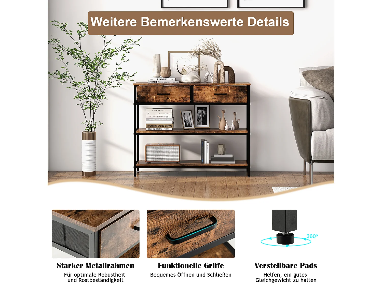 Tavolo consolle da 100cm con 2 cassetti e ripiani in tessuto pieghevoli, Tavolo dietro il divano Marrone