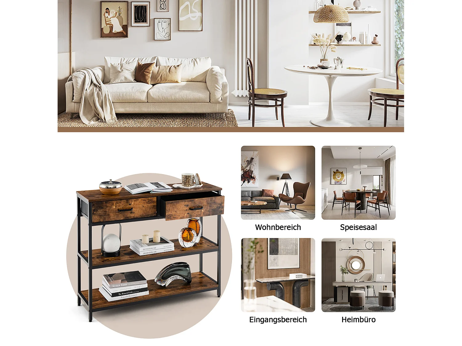 Tavolo consolle da 100cm con 2 cassetti e ripiani in tessuto pieghevoli, Tavolo dietro il divano Marrone