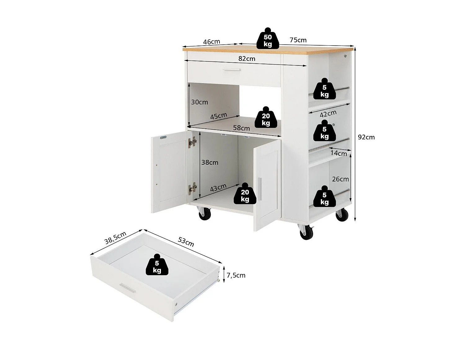 Küchenwagen Rollender Servierwagen mit 3 Gewürzregale 82 x 46 x 92 cm Weiß