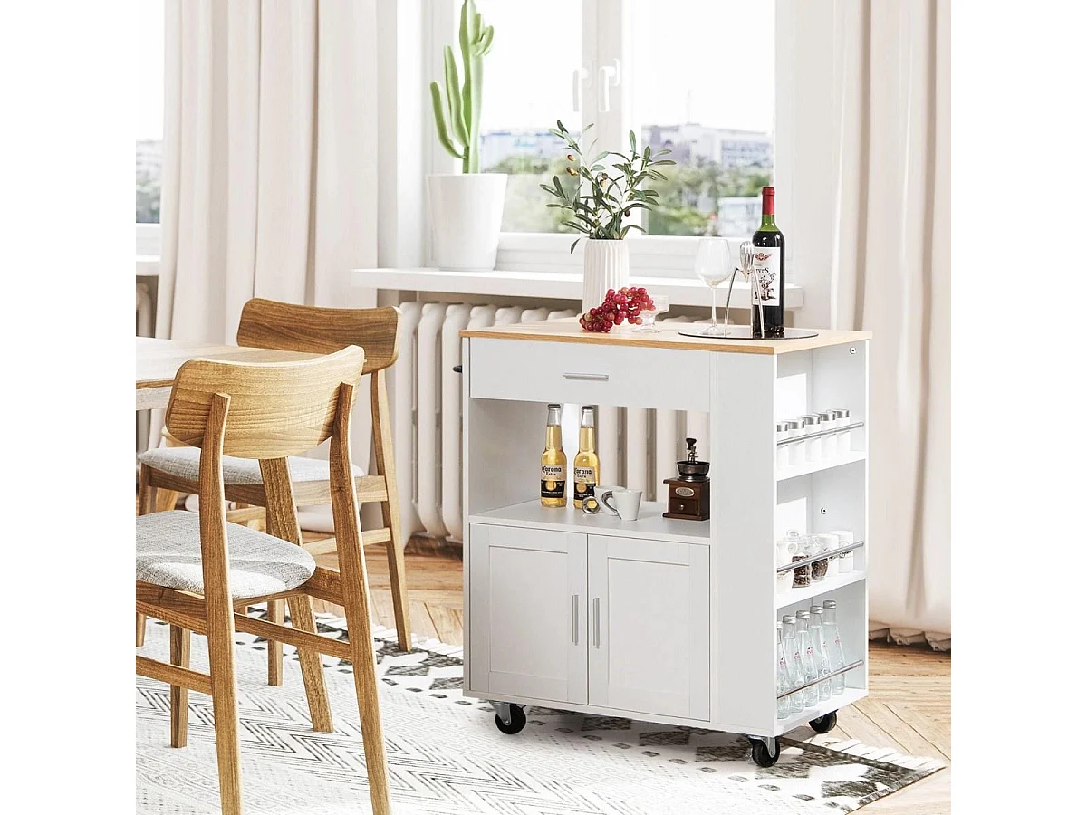 Küchenwagen Rollender Servierwagen mit 3 Gewürzregale 82 x 46 x 92 cm Weiß