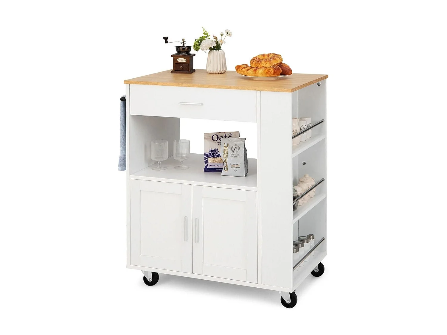 Küchenwagen Rollender Servierwagen mit 3 Gewürzregale 82 x 46 x 92 cm Weiß