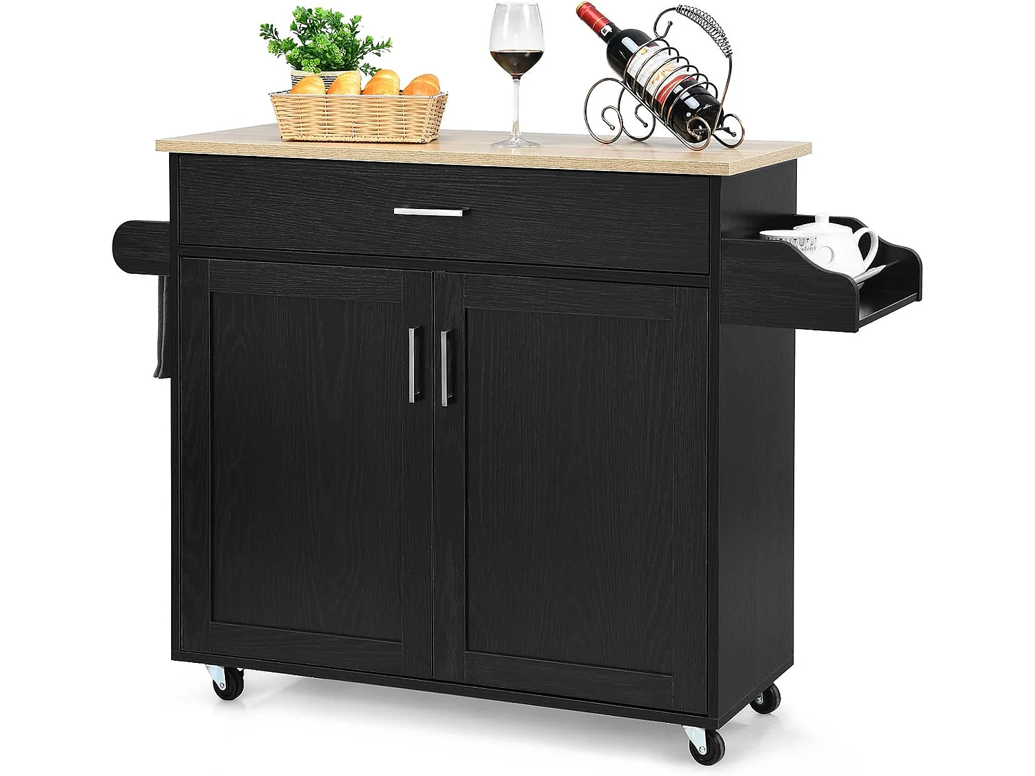 Küchenwagen mit Rollen, Servierwagen aus Holz, Rollwagen, Kücheninsel Küche, Kücheninselwagen Küchenschrank (Schwarz)
