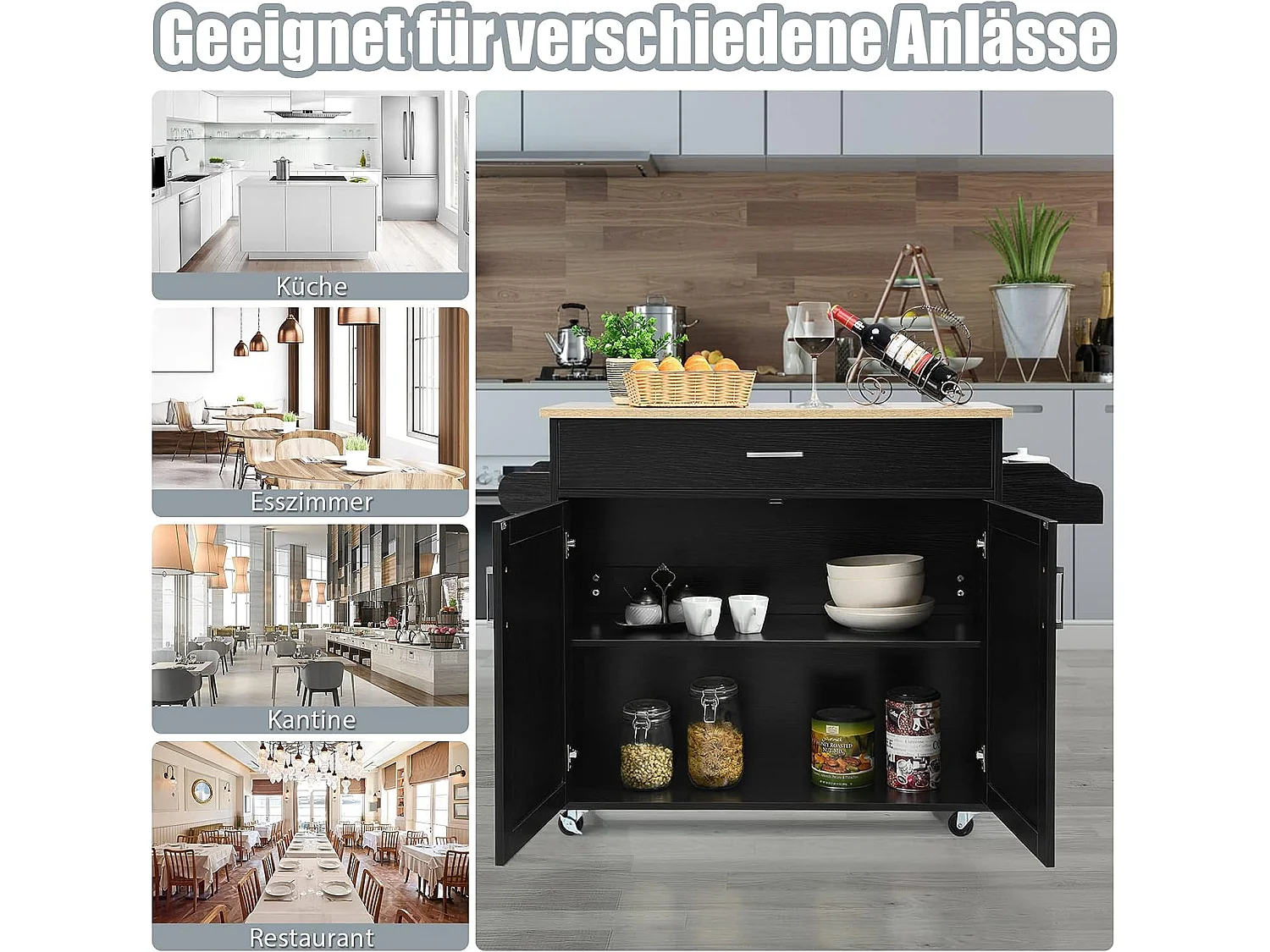 Küchenwagen mit Rollen, Servierwagen aus Holz, Rollwagen, Kücheninsel Küche, Kücheninselwagen Küchenschrank (Schwarz)