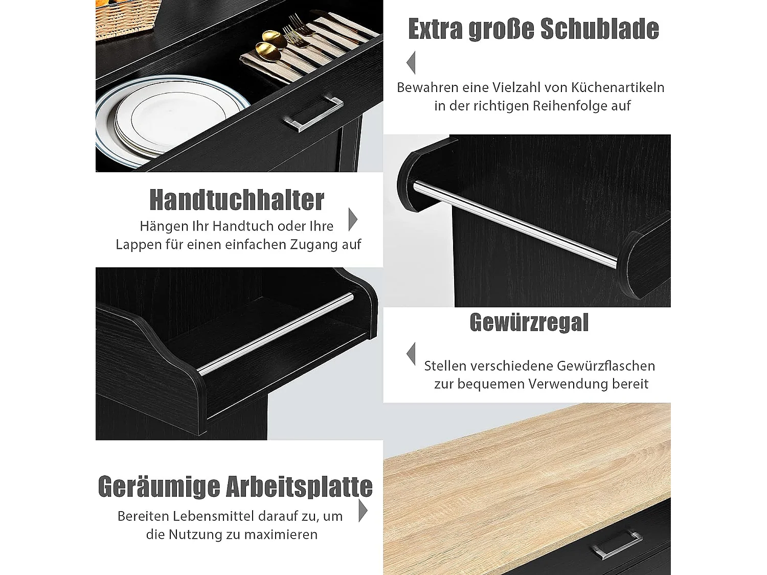 Küchenwagen mit Rollen, Servierwagen aus Holz, Rollwagen, Kücheninsel Küche, Kücheninselwagen Küchenschrank (Schwarz)