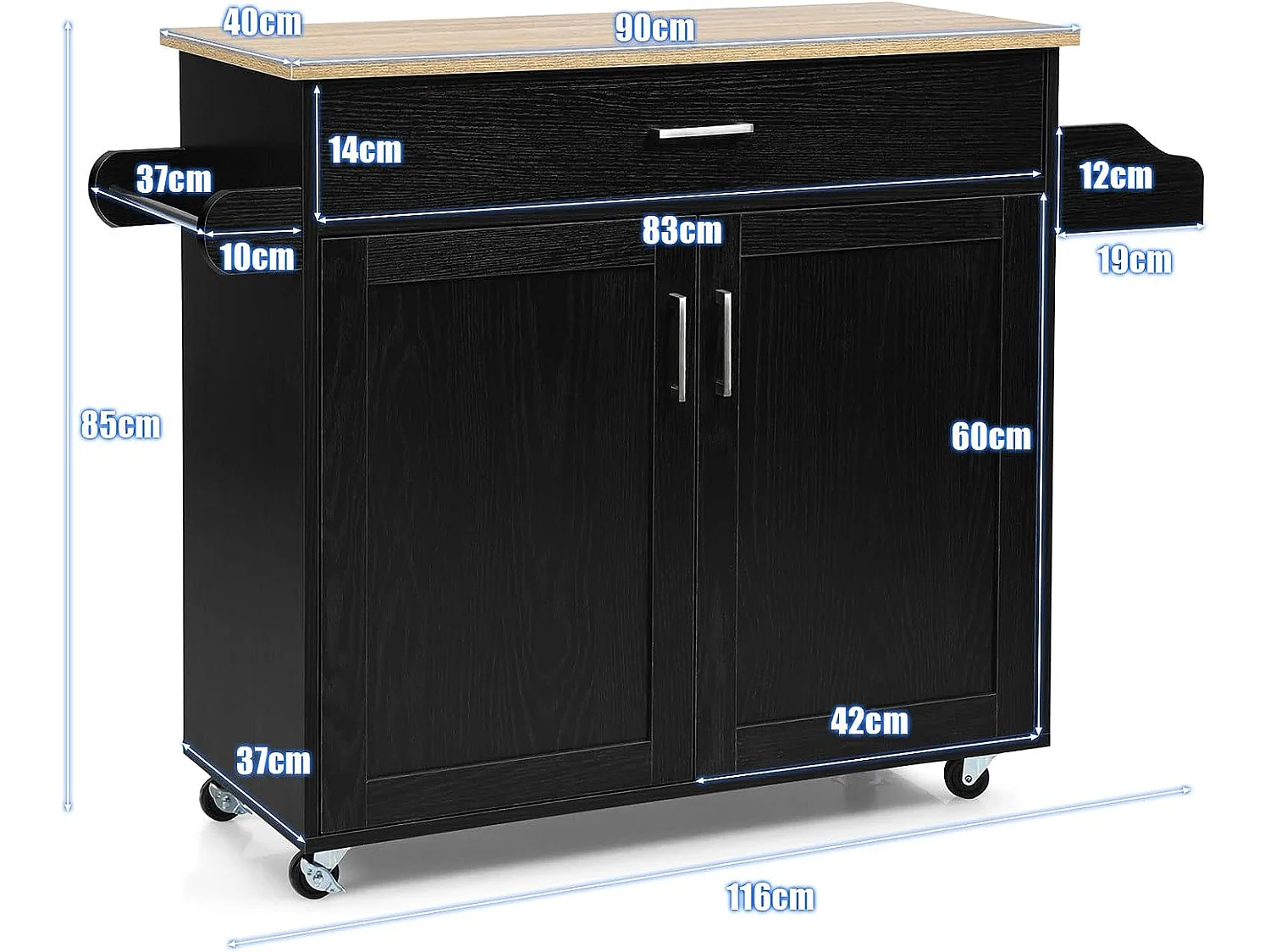 Küchenwagen mit Rollen, Servierwagen aus Holz, Rollwagen, Kücheninsel Küche, Kücheninselwagen Küchenschrank (Schwarz)
